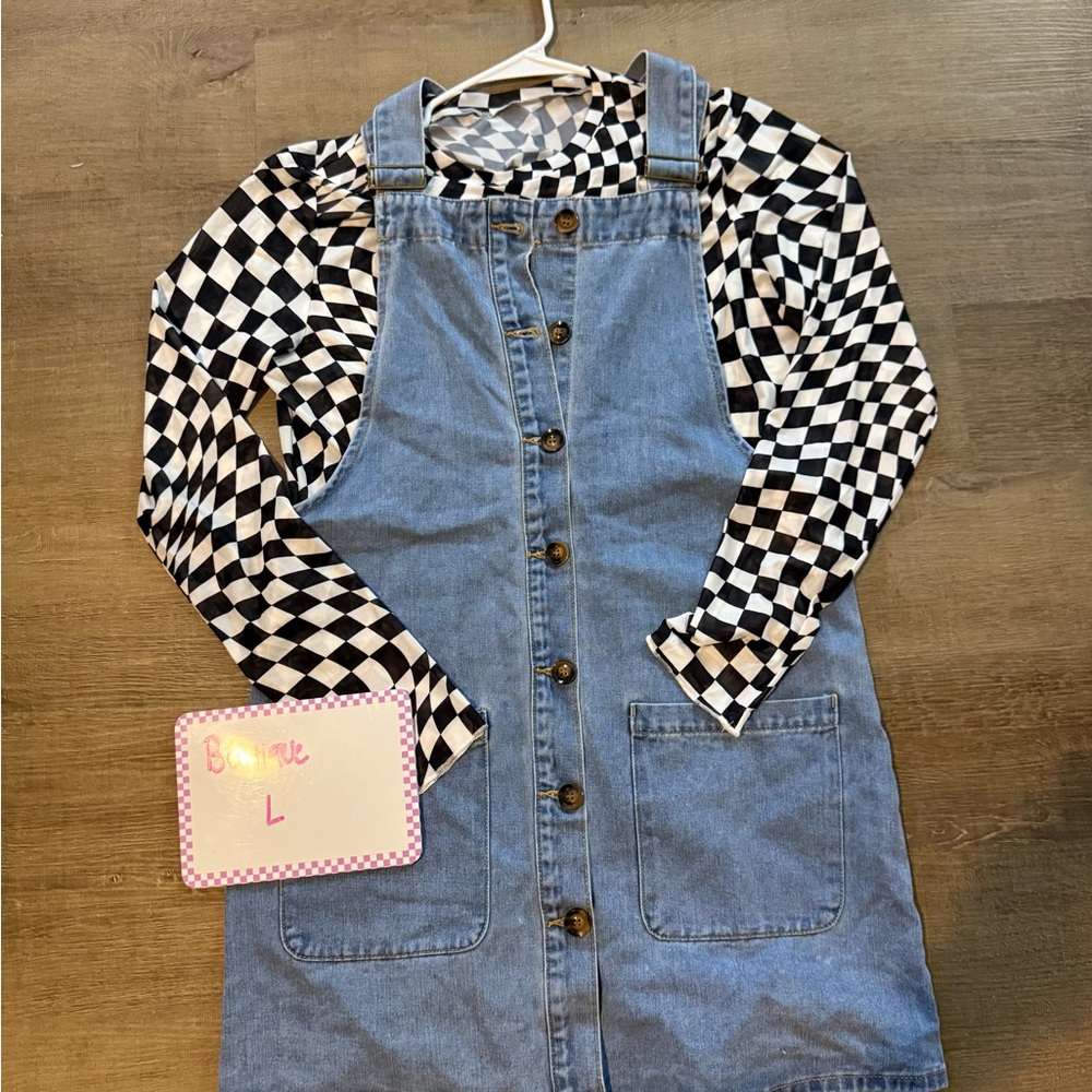 Trendy Boutique Blue Denim Dress with Black and White Checkered Top